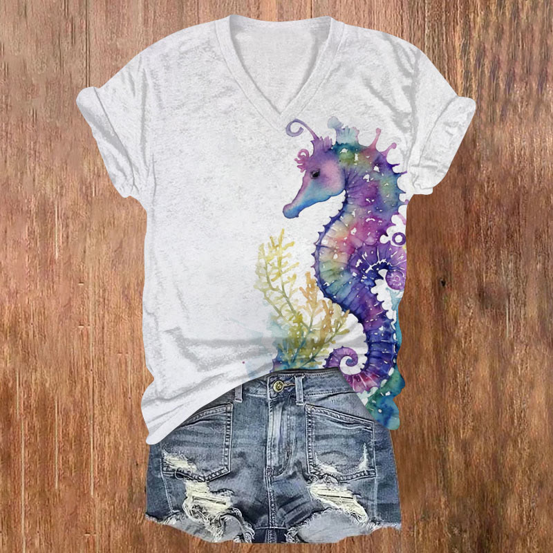 Rainbow Reef Seahorse Art Print T-shirt - White - US32-34(5XL) - image 1