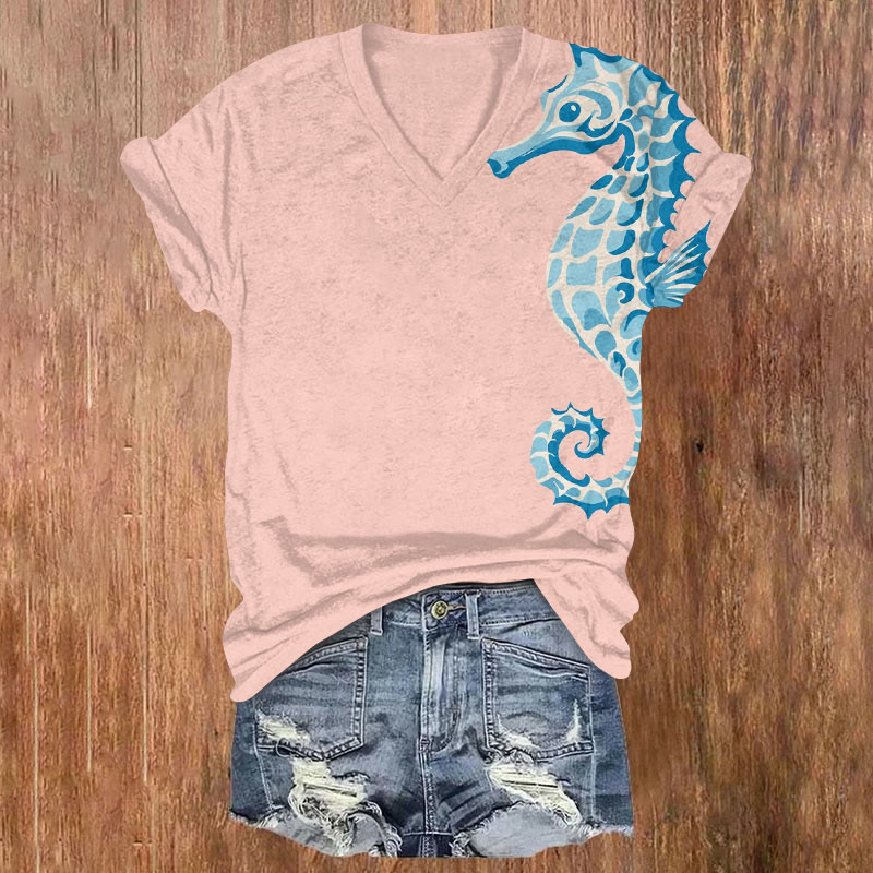 Lovely Cartoon Seahorse Art Print T-shirt - Pink - US32-34(5XL) - image 1