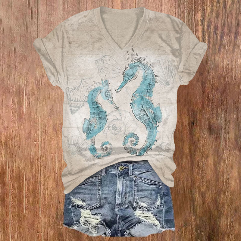 Vintage Seahorse & Shell Art Print T-shirt - Khaki - US32-34(5XL) - image 1