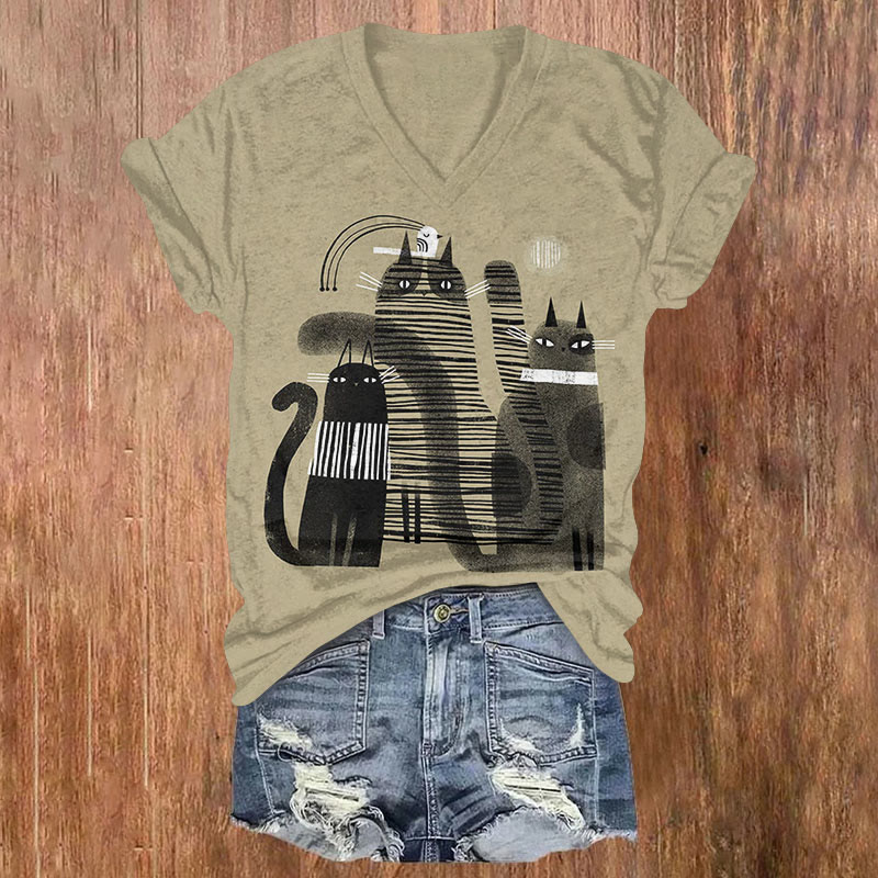 Cartoon Line Cat Art Print T-shirt - Khaki - US32-34(5XL) - image 1