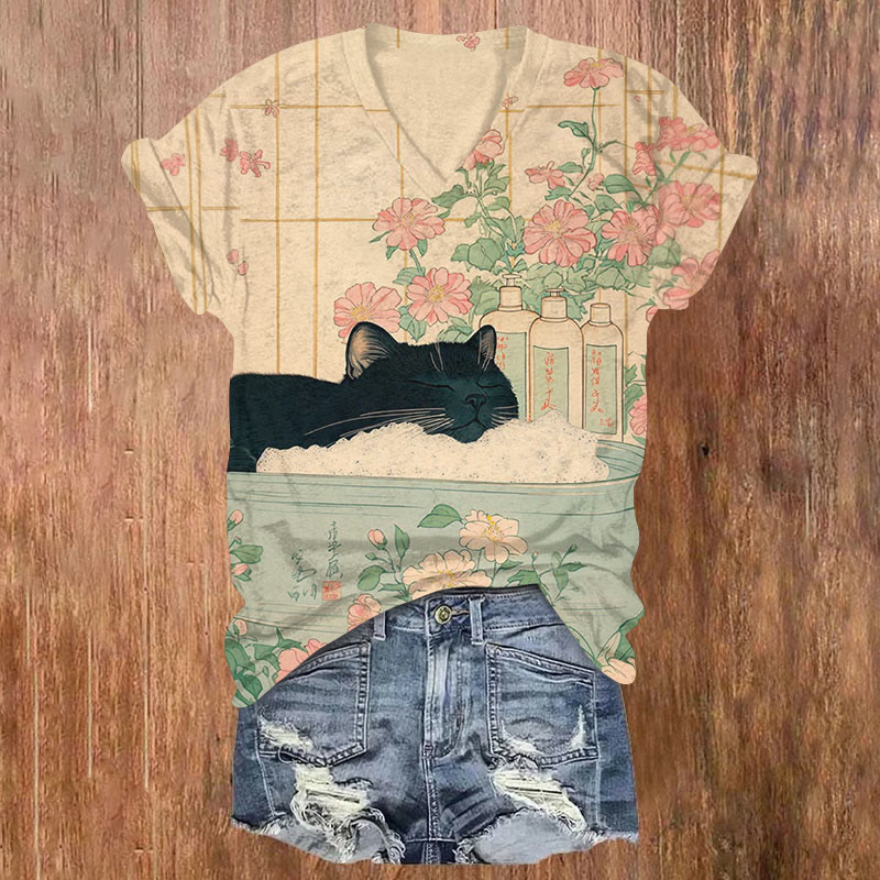Cute Bathroom Cat And Flowers Print T-shirt - Apricot - US32-34(5XL) - image 1