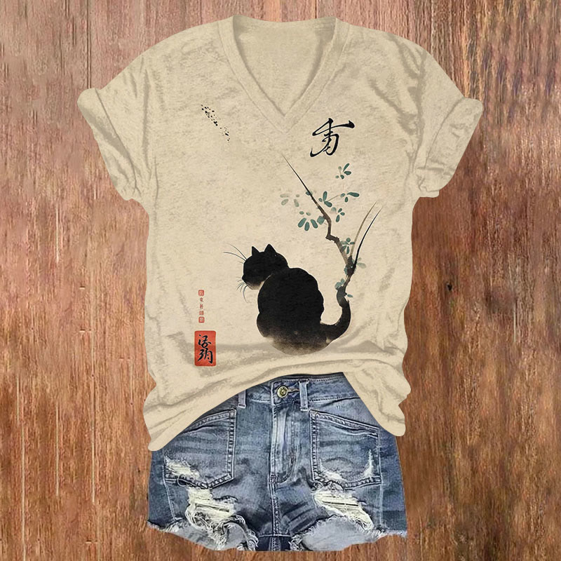 Retro Japanese Cat Art Print T-shirt - Apricot - US32-34(5XL) - image 1