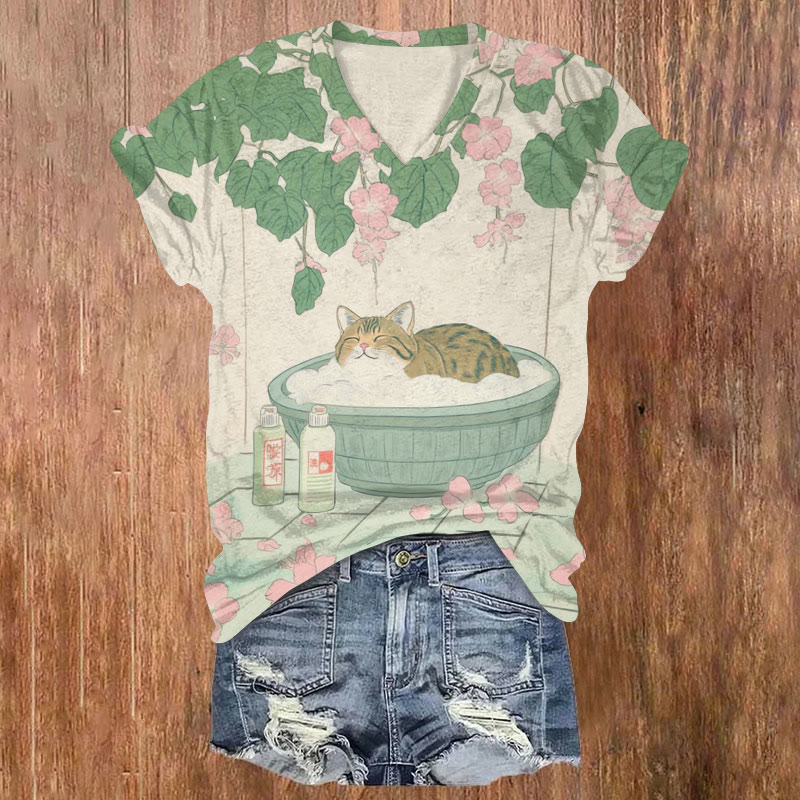 Bathroom Floral Cat Print T-shirt - Beige - US32-34(5XL) - image 1