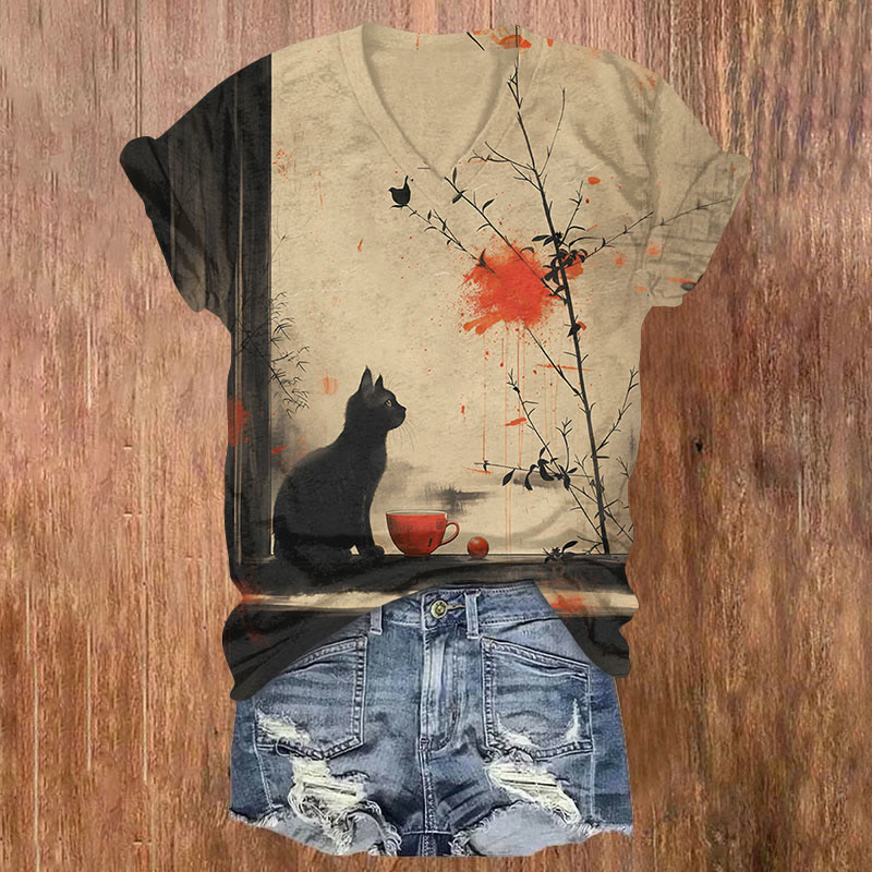 Retro Cat And Nature Scenery Print T-shirt - Khaki - US32-34(5XL) - image 1