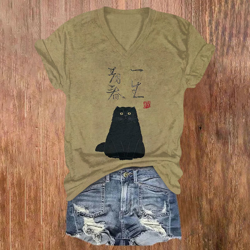 Retro Japanese Black Cat Art Print T-shirt - Khaki - US32-34(5XL) - image 1