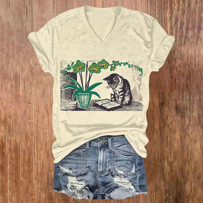 Natural Plants And Reading Cat Print T-shirt - Beige - US32-34(5XL) - image 1