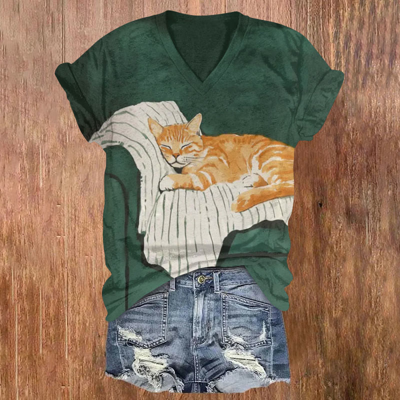 Cute Sleeping Cat Print T-shirt - Dark Green - US32-34(5XL) - image 1