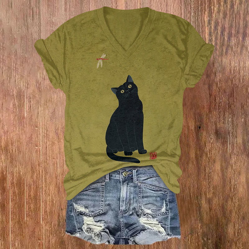 Fun Black Cat And Dragonfly Print T-shirt - Olive Green - US32-34(5XL) - image 1