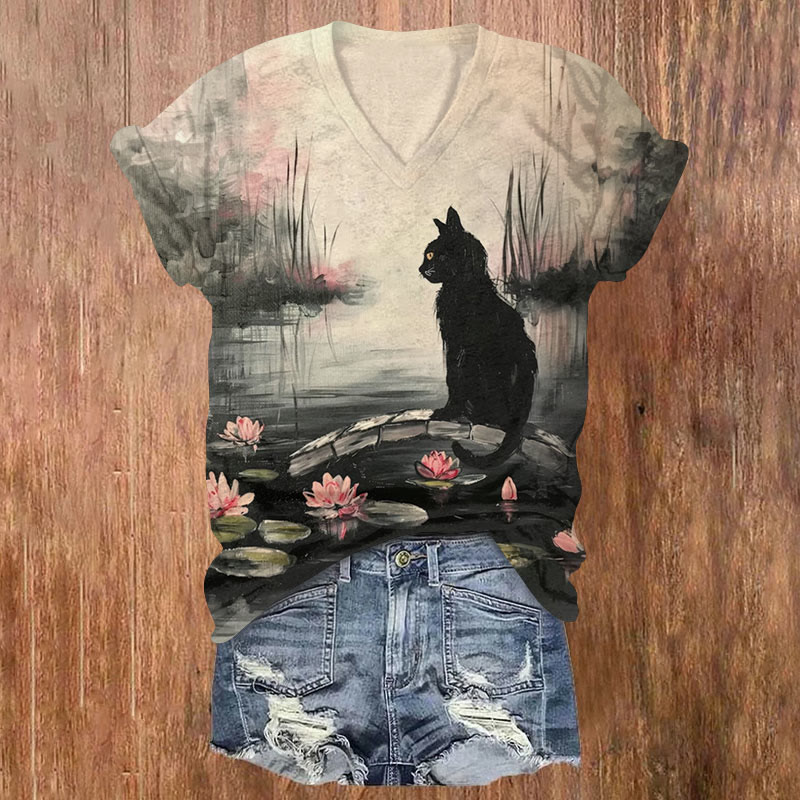 Retro Lotus Pond Black Cat Print T-shirt - Black - US32-34(5XL) - image 1