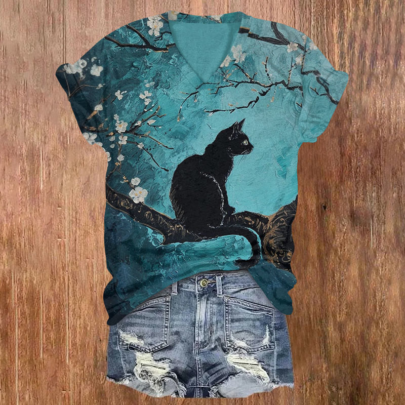  Black Cat And Flowers Oil Painting Print T-shirt - Blue - US32-34(5XL) - image 1