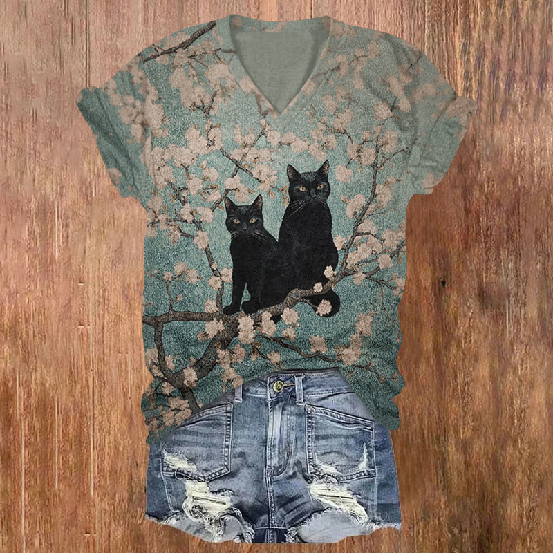 Black Cat And Flowers Art Print T-shirt - Grey - US32-34(5XL) - image 1