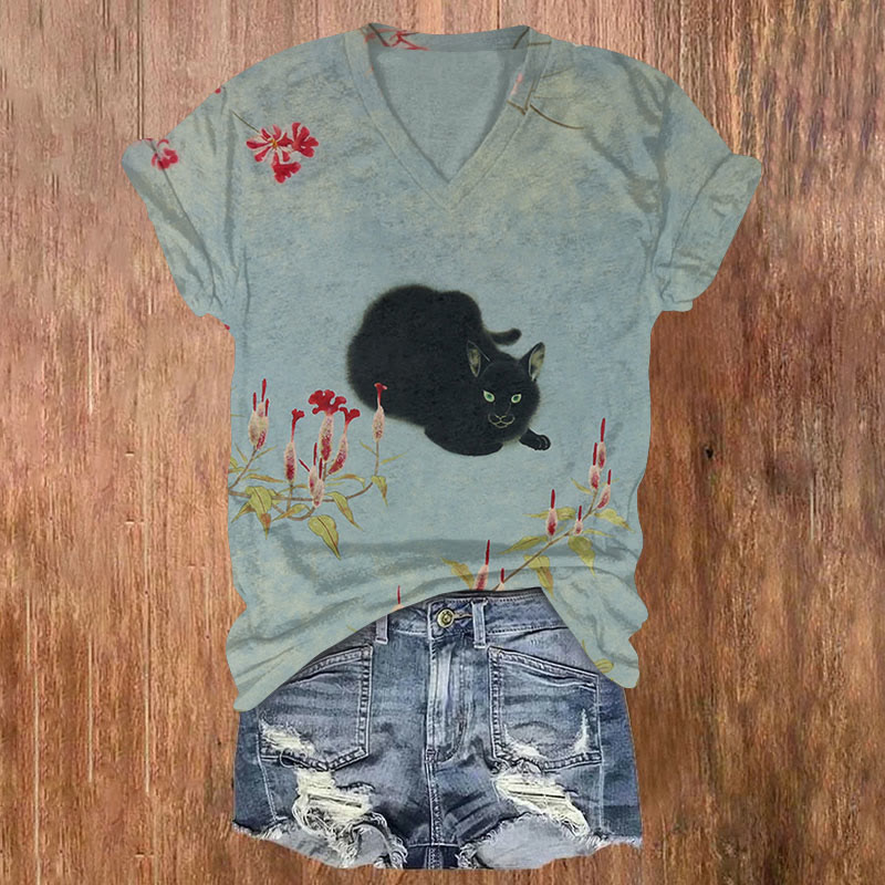 Fun Black Cat And Flowers Print T-shirt - Grey - US32-34(5XL) - image 1