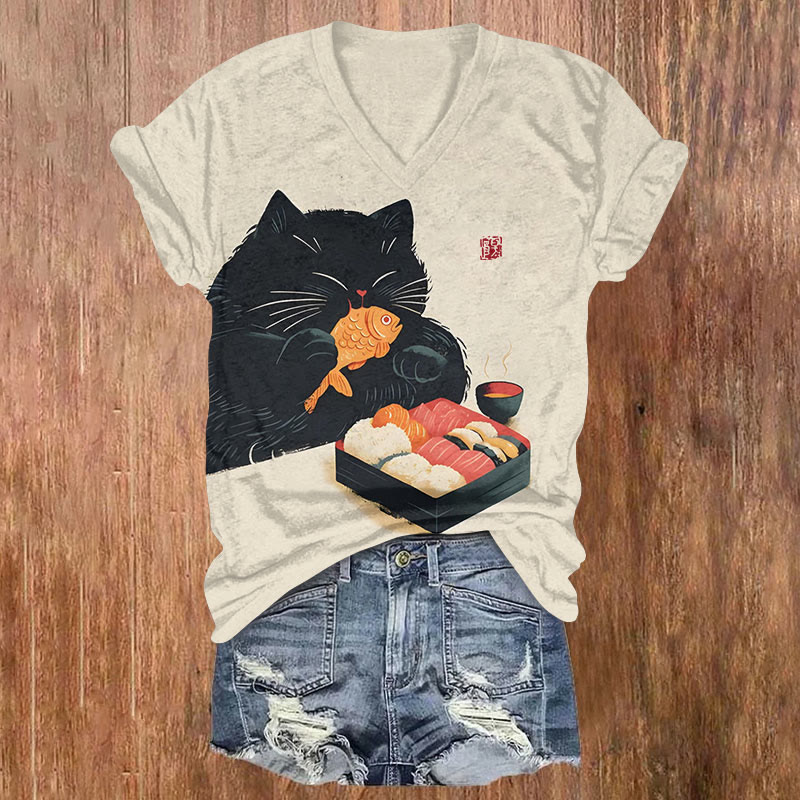 Fun Japanese Style Cat Eating Sushi Fish Print T-shirt - Beige - US32-34(5XL) - image 1