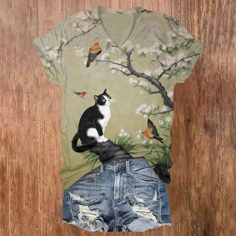 Fun Cherry Blossom Branches And Cats Print T-shirt - Multicolor - US32-34(5XL) - image 1