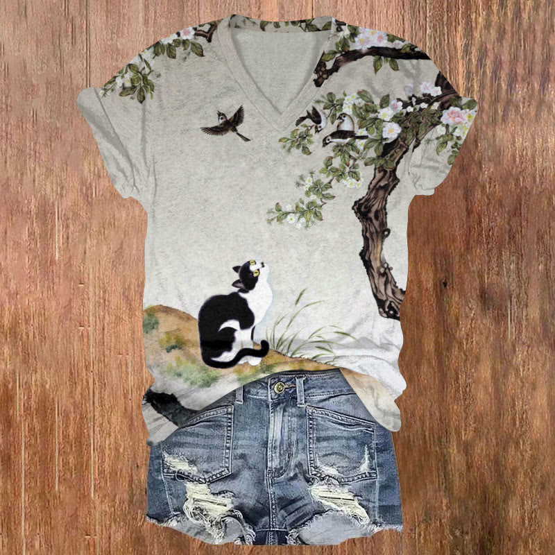 Cats And Birds Under The Flower Tree Print T-shirt - Light Gray - US32-34(5XL) - image 1