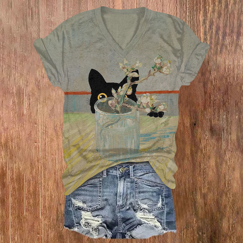 Glass With Flowers And Playful Cat Print T-shirt - Grey - US32-34(5XL) - image 1