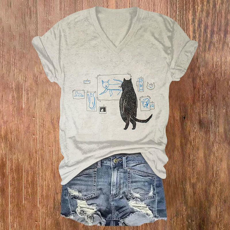 Creative Gallery Cats Art Print T-shirt - Light Gray - US32-34(5XL) - image 1