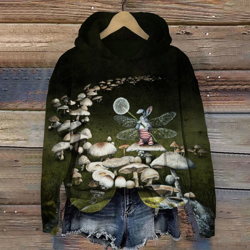 Women's Rabbit And Mushroom Print Long Sleeve Hoodie - Black - US44-46(8XL) - image 1