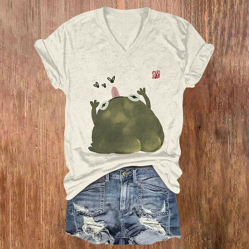 Japanese Cute Fat Frog & Fly Art Print T-shirt - Beige - US32-34(5XL) - image 1