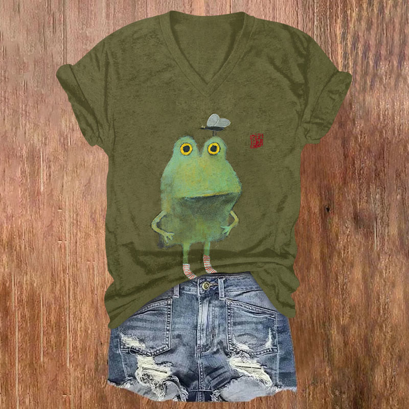 Japanese Watercolor Frog & Fly Art Print T-shirt - Green - US32-34(5XL) - image 1