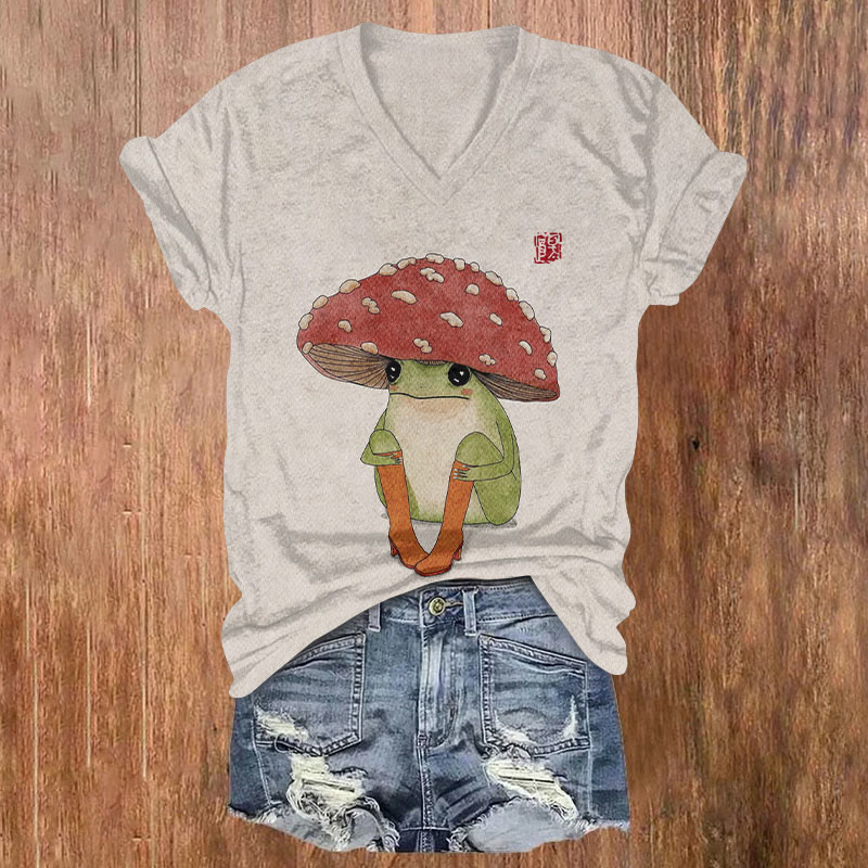 Vintage Cute Mushroom Frog Art Print T-shirt - Light Gray - US32-34(5XL) - image 1