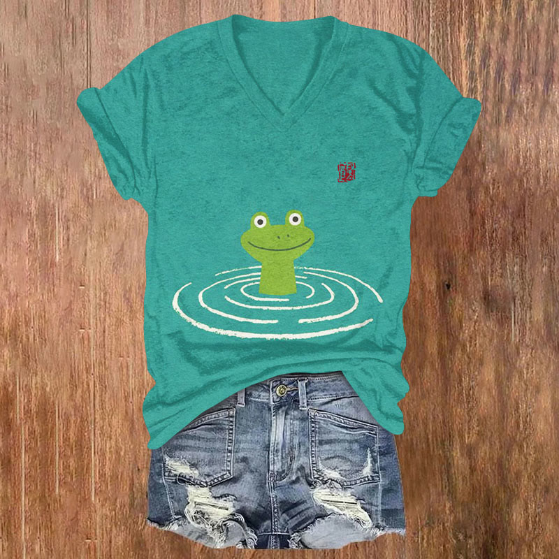 Adorable Frog In The Pond Art Print T-shirt - Lake Blue - US32-34(5XL) - image 1