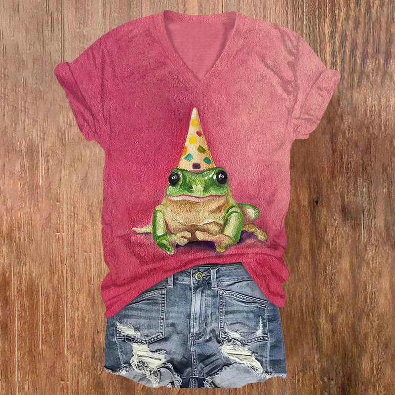 Party Frog With A Hat Art Print T-shirt - Rose - US32-34(5XL) - image 1