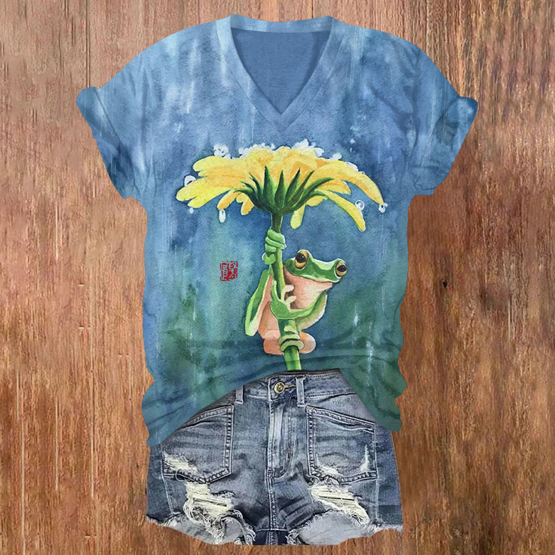 Frog With Dandelion Umbrella Art Print T-shirt - Blue - US32-34(5XL) - image 1