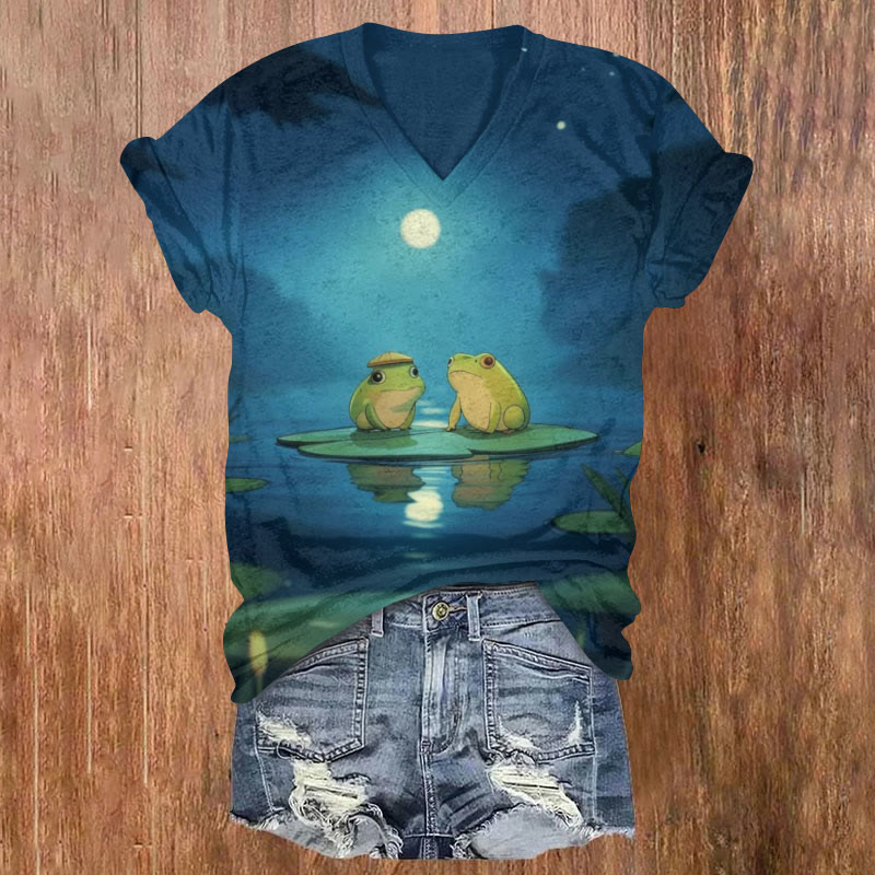 Moonlit Frog Rendezvous On Lily Pad Art Print T-shirt - Blue - US32-34(5XL) - image 1