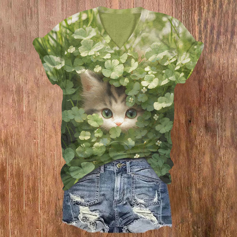 St. Patrick's Day Cat And Clover Art Print T-shirt - Green - US32-34(5XL) - image 1