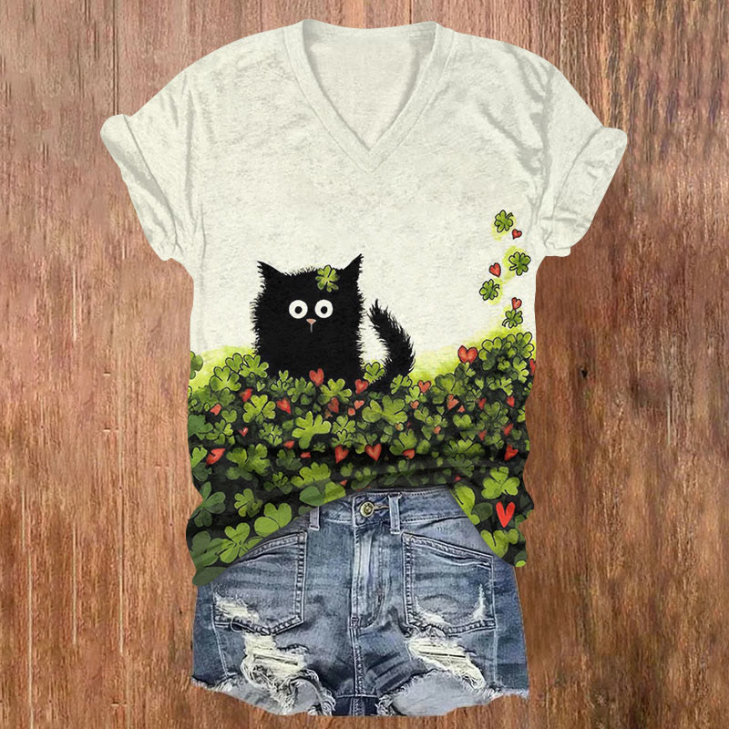 St. Patrick's Day Fun Cat And Four Leaf Clover Art Print T-shirt - Beige - US32-34(5XL) - image 1