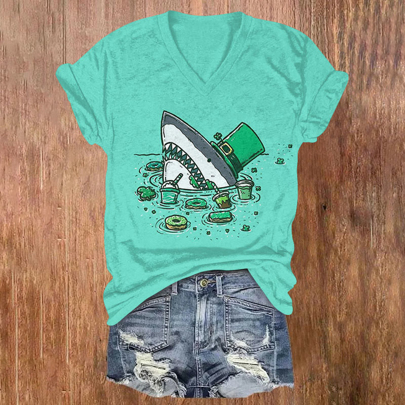 St. Patrick's Day Shark Print T-shirt - Green - US32-34(5XL) - image 1