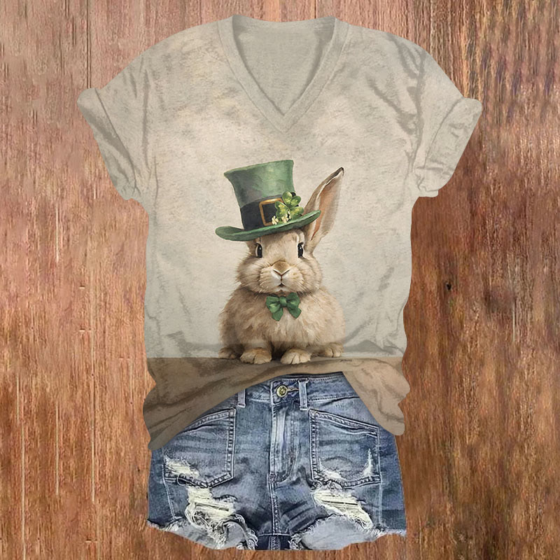 St. Patrick's Day Bunny Print T-shirt - Light Gray - US32-34(5XL) - image 1