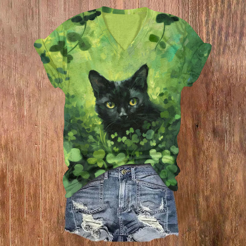 St. Patrick's Day Black Cat And Four Leaf Clover Print T-shirt - Green - US32-34(5XL) - image 1