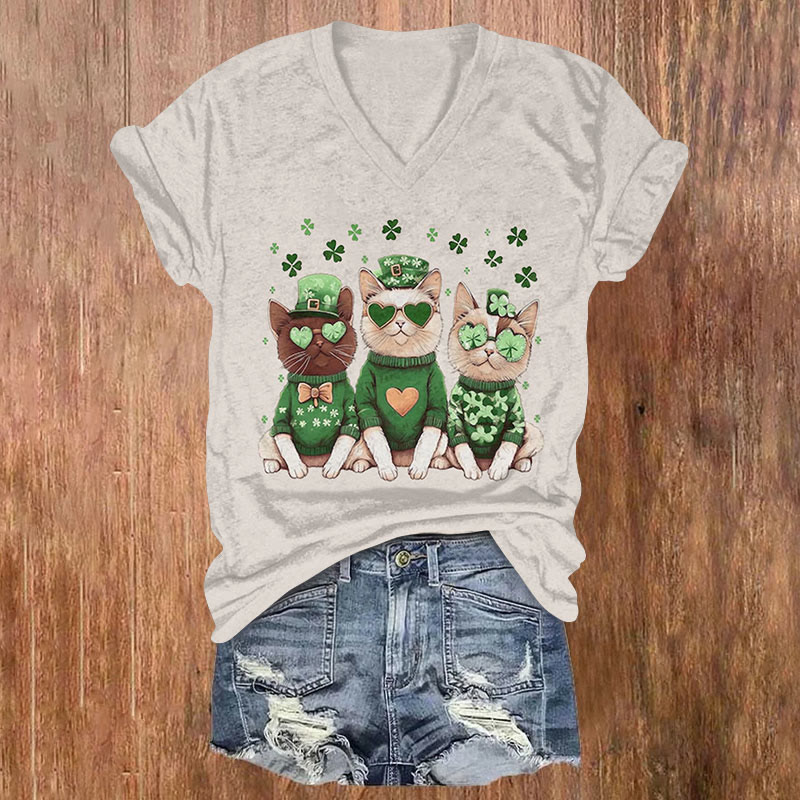 St. Patrick's Day Cute Cat Print T-shirt - Light Gray - US32-34(5XL) - image 1