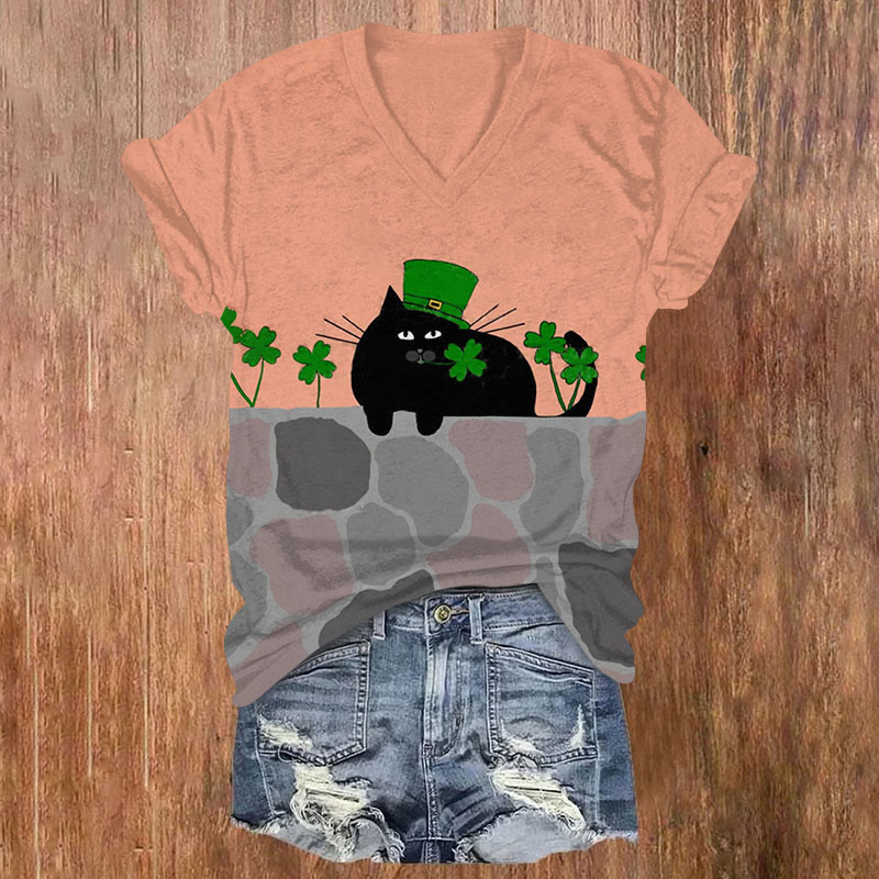 St. Patrick's Day Cat And Four Leaf Clover Print T-shirt - Pink - US32-34(5XL) - image 1