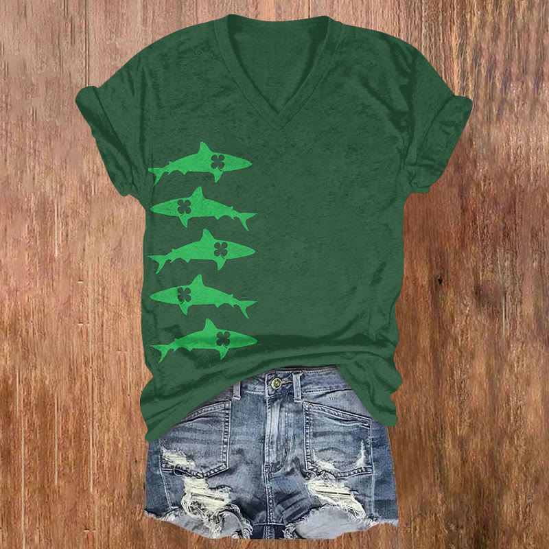 St. Patrick's Day Shark Clover Art Print T-shirt - Green - US32-34(5XL) - image 1