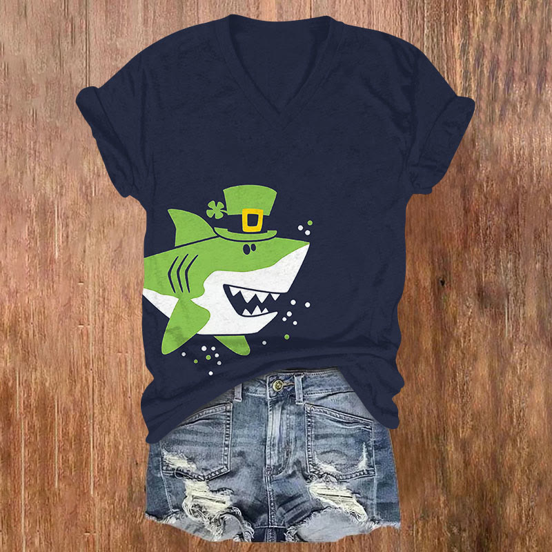 St. Patrick's Day Simple Shark Art Print T-shirt - Dark Blue - US32-34(5XL) - image 1