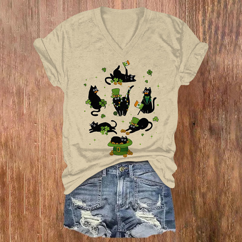 St. Patrick's Day Lucky Black Cat Print T-shirt - Khaki - US32-34(5XL) - image 1