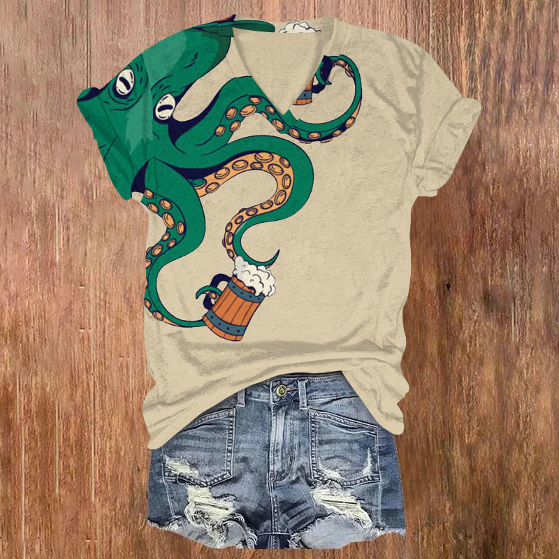 St. Patrick's Day Beer Mug Octopus Print T-shirt - Khaki - US32-34(5XL) - image 1