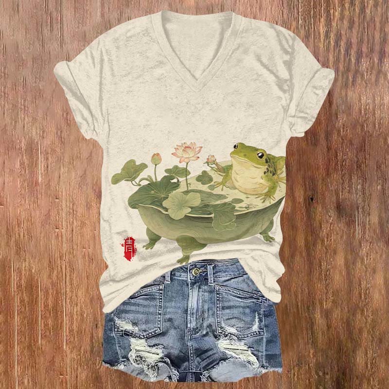 Retro Frog In The Lotus Pond Paint T-shirt - Beige - US32-34(5XL) - image 1