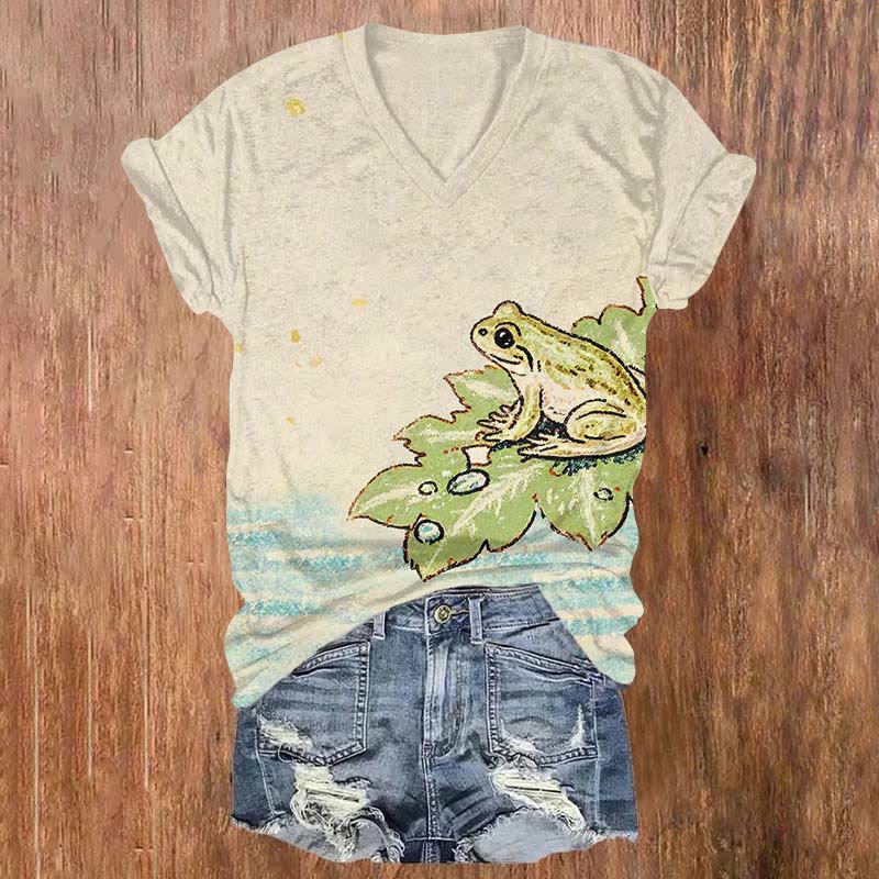 Vintage Frog Sitting On Lotus Leaf Paint T-shirt - Beige - US32-34(5XL) - image 1