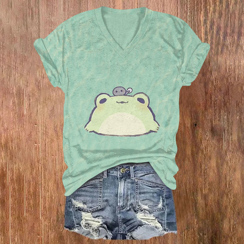 Cute Fat Cartoon Frog Paint T-shirt - Mint - US32-34(5XL) - image 1