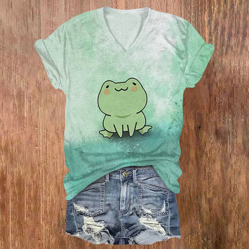 Lovely Smiley Cartoon Frog Paint T-shirt - Light Green - US32-34(5XL) - image 1