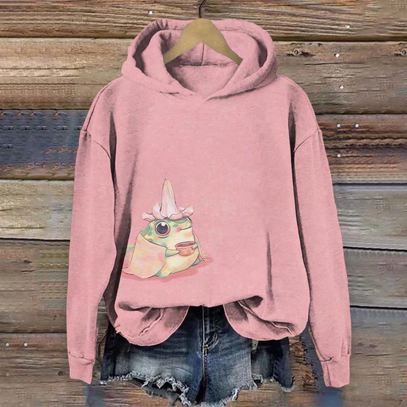 Women's Lovely Princess Frog Holding A Cup Print Long Sleeve Hoodie - Pink - US44-46(8XL) - image 1