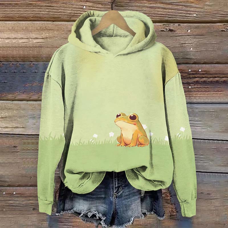 Women's Peaceful Frog On The Meadow Print Long Sleeve Hoodie - Green - US44-46(8XL) - image 1