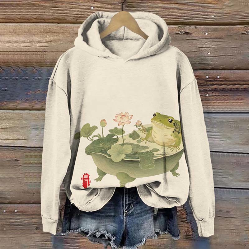 Women's Retro Frog In The Lotus Pond Print Long Sleeve Hoodie - Beige - US44-46(8XL) - image 1