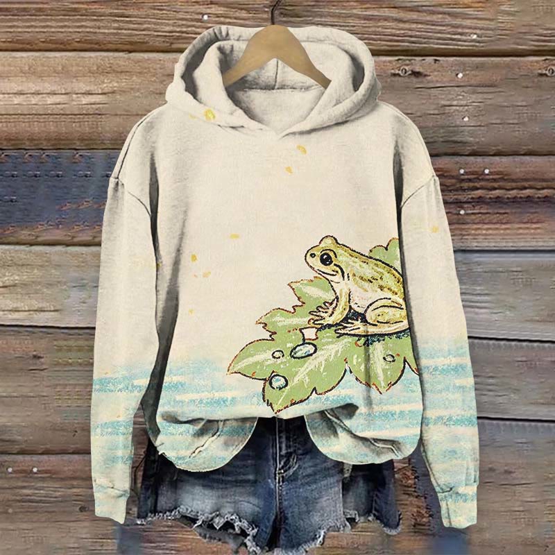 Women's Vintage Frog Sitting On Lotus Leaf Print Long Sleeve Hoodie - Beige - US44-46(8XL) - image 1
