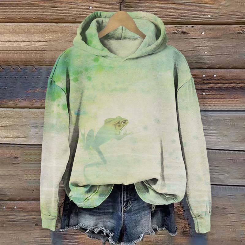 Women's Vintage Frog Shrouded In Mist Print Long Sleeve Hoodie - Light Green - US44-46(8XL) - image 1