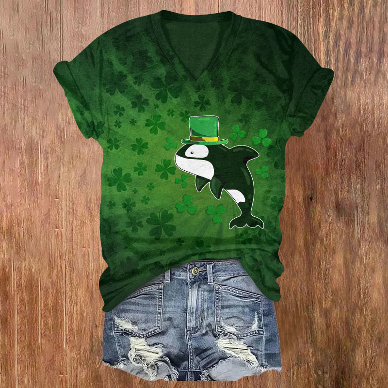 St. Patrick's Day Hat Whale And Four Leaf Clover Print T-shirt - Green - US32-34(5XL) - image 1
